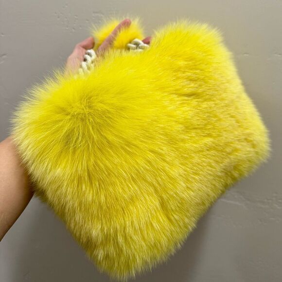 Yellow Handmade Luxury Real Fox Fur Shoulder Bag/Crossbody & Fox Fur Ball Charm - Picture 5 of 17